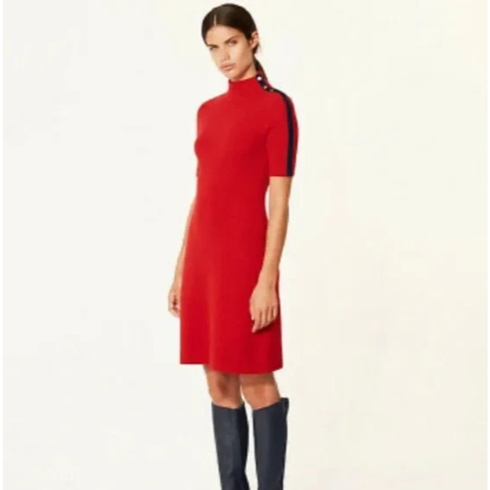 Tory Burch Sardy Merino Wool Red Sweater Dress Short Sleeve Knit High Neck XS